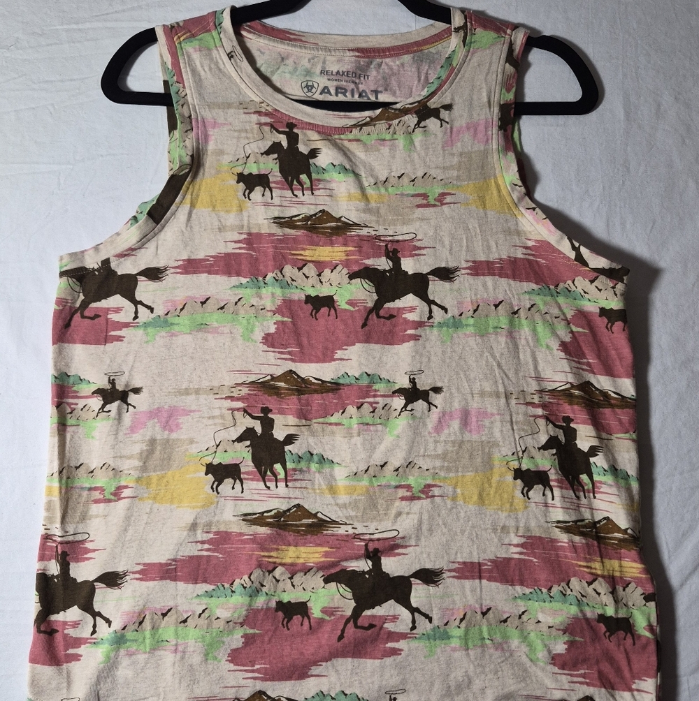 Ariat Western Tank with Pink, Green & Yellow Print Womens Medium